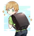  backpack bad_id bad_pixiv_id bag blush brown_hair child doyagao green_eyes green_shirt hoshitani_yuuta looking_back male_focus randoseru shirt solo sparkle starmyu t-shirt tsuchiya_(1315444) younger 