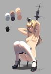  alternate_costume armpits arms_up artist_name bar_censor black_footwear blonde_hair blue_eyes blush braid breasts censored cleft_of_venus closed_mouth collarbone crown eyebrows eyebrows_visible_through_hair french_braid full_body grey_background hair_between_eyes high_heels highres holding kantai_collection knees_together_feet_apart long_hair looking_at_viewer medium_breasts nipples nude palette platform_footwear platform_heels pole pussy shoes signature simple_background smile solo squatting thighhighs touyama_eight warspite_(kantai_collection) white_legwear 