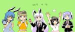  5girls animal_ears blazer blonde_hair blue_dress blue_hair brown_eyes brown_hair bunny_ears bunny_tail carrot_necklace comic commentary_request dated dress dropping easter easter_egg egg hand_on_hip hand_up holding_egg inaba_tewi jacket light_brown_hair long_hair long_sleeves midriff multiple_girls navel necktie open_mouth orange_shirt pink_dress pink_hair pleated_skirt purple_eyes purple_hair reisen reisen_udongein_inaba ringo_(touhou) seiran_(touhou) shaded_face shirt short_hair short_sleeves sidelocks skirt smile surprised tail tako_(plastic_protein) throwing touhou translation_request white_shirt yellow_skirt 