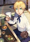  adapted_costume ahoge arthur_pendragon_(fate) artoria_pendragon_(all) bad_id bad_pixiv_id blonde_hair carchet chopsticks cosplay eating fate/prototype fate/stay_night fate_(series) food green_eyes looking_at_viewer male_focus plate saber saber_(cosplay) solo 