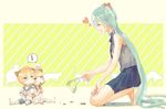  2girls animal_ears blonde_hair blue_eyes cat cat_ears cat_teaser closed_eyes green_hair hatsune_miku jam_(zamuchi) kagamine_len kagamine_rin long_hair looking_at_another multiple_girls open_mouth patterned_background paw_print sailor_collar shorts simple_background skirt sleeveless smile socks twintails very_long_hair vocaloid younger 