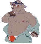  anthro blush bulge canine clothed clothing hat looking_at_viewer male mammal musclegut nipples open_shirt sheeporwolf solo standing sweat underwear 