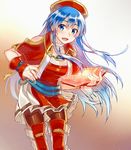  bare_shoulders black_legwear blue_eyes blue_hair book boots breasts capelet cleavage cowboy_shot dress fingerless_gloves fire_emblem fire_emblem:_fuuin_no_tsurugi fire_emblem_heroes gloves glowing hat jewelry lilina long_hair looking_at_viewer medium_breasts open_mouth pantyhose ring solo thigh_boots thighhighs yuki_(sumaburalove) 