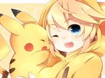  ;d artist_request blonde_hair closed_eyes cosplay eyebrows_visible_through_hair gen_1_pokemon hair_between_eyes hood hoodie kagamine_len looking_at_viewer male_focus one_eye_closed open_mouth outstretched_arms pikachu pikachu_(cosplay) pokemon pokemon_(creature) smile solo source_request vocaloid 