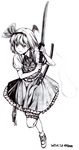  :/ belt commentary dated eyebrows_visible_through_hair greyscale hairband highres holding holding_sword holding_weapon katana konpaku_youmu konpaku_youmu_(ghost) looking_away monochrome mushroom_(osh320) puffy_short_sleeves puffy_sleeves ribbon sheath short_hair short_sleeves signature sword touhou v-shaped_eyebrows weapon 