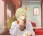  bangle blonde_hair bracelet chair chin_rest green_eyes hair_over_one_eye holding_hands indoors jewelry kasei_(kasei_0) long_sleeves male_focus open_mouth out_of_frame plant pov pov_across_table pov_hands restaurant scarf solo_focus table window yuri!!!_on_ice yuri_plisetsky 