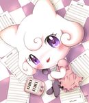  2016 blush clothed clothing dress english_text eyelashes featureless_limbs female fur hair legwear looking_at_viewer lying musical_instrument musical_note on_side pianitchi piano purple_eyes semi-anthro short_hair solo tamagotchi text tights tongue tongue_out toony white_fur white_hair zeru_(ma) 