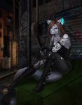  anthro clothed clothing elvofirida feline female graffiti looking_at_viewer mammal outside sitting solo 