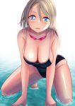  arm_support blue_eyes blue_swimsuit blurry blush breasts brown_hair cleavage depth_of_field goggles goggles_around_neck grey_hair highres kneeling large_breasts looking_at_viewer love_live! love_live!_sunshine!! one-piece_swimsuit open_mouth shiny shiny_skin short_hair solo swimsuit watanabe_you water wet zakuro0508 