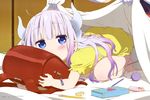  absurdres all_fours backpack bag bag_charm barefoot blanket blue_eyes blush body_blush charm_(object) covering_with_blanket gloves gradient_hair highres horns indoors kadowaki_miku kanna_kamui kobayashi-san_chi_no_maidragon lavender_hair multicolored_hair multiple_girls nightgown object_hug official_art on_bed out_of_frame pencil randoseru scan solo_focus tail tooru_(maidragon) tucking_in white_gloves 