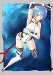  4cat absurdres adapted_costume alternate_breast_size arm_over_head arm_up armpits ayanami_rei bandage_over_one_eye bandaged_arm bandaged_head bandages bangs bare_shoulders bident black_gloves blue_hair bob_cut boots border breast_hold breasts cleavage cleavage_cutout dutch_angle elbow_gloves foreshortening gloves grey_border hair_between_eyes headgear highres impossible_clothes lance_of_longinus large_breasts legs_apart leotard lips looking_at_viewer multicolored multicolored_clothes multicolored_gloves neon_genesis_evangelion outdoors outside_border parted_bangs parted_lips pilot_suit plugsuit polearm red_eyes short_hair solo space star_(sky) thigh_boots thighhighs weapon white_footwear white_gloves white_legwear white_leotard 