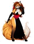  anthro big_tail breasts canine cleavage clothed clothing collar digital_media_(artwork) dress female flower footwear fox frisket17_(artist) fur hair high_heels inner_ear_fluff long_hair looking_at_viewer mammal plant revealing_(disambiguation) rose shoes simple_background solo standing 