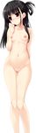  arm_behind_back arms_behind_back ass_visible_through_thighs black_hair blush breasts collarbone hand_on_own_cheek haruru_minamo_ni! highres long_hair navel nipples nude official_art pussy red_eyes shintarou small_breasts solo transparent_background yamagami_miori 