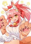  absurdres animal_ears apron bell bell_collar bow collar covered_nipples fate/extra fate/grand_order fate_(series) fox_ears fox_tail gloves hair_between_eyes hair_bow highres long_hair maid_headdress naked_apron nekomicha paw_gloves paws pink_hair ponytail solo tail tamamo_(fate)_(all) tamamo_cat_(fate) yellow_eyes 