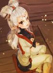  breasts hair_ornament hand_on_own_chest highres indoors lips long_hair looking_at_viewer medium_breasts pants paya_(zelda) pointy_ears sitting solo suzuhiro the_legend_of_zelda the_legend_of_zelda:_breath_of_the_wild turtleneck white_hair white_legwear wooden_floor 