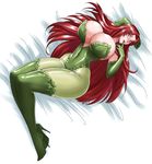  1girl areola_slip breasts cleavage dc_comics devil-v gloves huge_breasts leotard lying_on_bed original poison_ivy poison_ivy_(cosplay) purple_eyes red_hair 