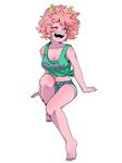  ^_^ ashido_mina bare_shoulders barefoot blush boku_no_hero_academia breasts cleavage closed_eyes collarbone denim denim_shorts feet full_body hachuurui happy highres horns legs medium_breasts midriff navel open_mouth pink_hair pink_skin shirt short_hair shorts simple_background sitting smile solo tank_top teeth tied_shirt white_background 