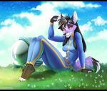  anthro barefoot black_bars black_hair black_nose canine clothed clothing day fallout female fingers fox fur grass grey_fur hair mammal outside pink_eyes sky smile sorafoxyteils video_games 
