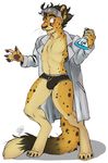  2017 anthro black_bottomwear black_clothing black_underwear blush briefs brown_hair brown_nose bulge cheetah clothed clothing digital_drawing_(artwork) digital_media_(artwork) dipstick_tail eyewear feline floebean fur goggles hair lab_coat long_tail male mammal markings multicolored_fur multicolored_tail open_mouth potion purple_eyes scientist simple_background solo spots spotted_fur standing sweat underwear white_background white_clothing ♂ 