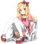  blonde_hair blush bow brown_eyes commentary_request dress drill_hair eromanga_sensei frilled_bow frilled_dress frills hair_bow headband knees_together_feet_apart lolita_fashion long_hair looking_at_viewer mary_janes nedia_(nedia_region) red_bow red_footwear shoes sitting skirt skirt_lift smile solo thighhighs twin_drills white_legwear yamada_elf 