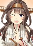  ;d ahoge bangs bare_shoulders blue_eyes blunt_bangs blush breasts bright_pupils brown_hair brown_ribbon commentary_request detached_sleeves double_bun eyebrows eyebrows_visible_through_hair finger_to_mouth gradient gradient_background hair_between_eyes headgear highres index_finger_raised kamelie kantai_collection kongou_(kantai_collection) lips long_hair long_sleeves looking_at_viewer medium_breasts nontraditional_miko one_eye_closed open_mouth pink_lips red_ribbon remodel_(kantai_collection) ribbon ribbon-trimmed_sleeves ribbon_trim round_teeth shiny shiny_hair simple_background smile solo teeth upper_body v-shaped_eyebrows 