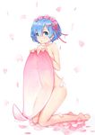  artist_name ayamy barefoot blue_eyes blue_hair breasts cherry_blossoms covering flower_wreath full_body hair_between_eyes hair_ornament hair_ribbon head_wreath kneeling looking_at_viewer medium_breasts navel nude open_mouth oversized_object pink_ribbon re:zero_kara_hajimeru_isekai_seikatsu rem_(re:zero) ribbon see-through short_hair simple_background solo thighs white_background x_hair_ornament 