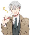  ^_^ closed_eyes coat eunram finger_to_cheek heart-shaped_mouth male_focus necktie open_mouth silver_hair smile upper_body viktor_nikiforov yuri!!!_on_ice 