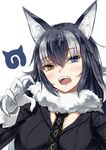  animal_ears bangs black_hair black_neckwear black_shirt breasts claw_pose commentary fangs fur_trim gloves gohei_(aoi_yuugure) grey_wolf_(kemono_friends) hair_between_eyes heterochromia highres japari_symbol kemono_friends large_breasts long_sleeves looking_at_viewer medium_breasts multicolored_hair necktie open_mouth plaid plaid_neckwear shirt simple_background solo streaked_hair teeth tongue upper_body white_background white_gloves white_hair wolf_ears 