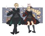  1girl ai-wa bird book bow brother_and_sister coat elise_(fire_emblem_if) feh_(fire_emblem_heroes) fire_emblem fire_emblem_heroes fire_emblem_if gryffindor hairband harry_potter hogwarts_school_uniform leon_(fire_emblem_if) long_hair necktie open_mouth owl purple_eyes school_uniform siblings simple_background sitting slytherin socks sparkle teeth twintails very_long_hair wand white_background 