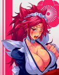  baiken blush breasts choker cleavage collarbone commentary_request cosplay embarrassed facial_mark frilled_choker frills guilty_gear hair_ornament highres iroha_(samurai_spirits) iroha_(samurai_spirits)_(cosplay) japanese_clothes juliet_sleeves large_breasts long_hair long_sleeves looking_at_viewer maid maid_headdress messy_hair one-eyed open_mouth ponytail puffy_sleeves red_eyes red_hair samurai_spirits scar scar_across_eye sidelocks solo sweat upper_body yoshitsuki 