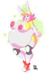  2015 anthro areola big_areola big_breasts breasts buckteeth clothed clothing female footwear frannie_funbun fur gloves grey_fur hat huge_breasts lagomorph lionalliance long_ears mammal navel obese open_shirt overweight pink_fur rabbit shoes smile solo standing teeth wide_hips 