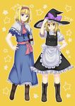  alice_margatroid apron bangs black_skirt black_vest blonde_hair blue_dress blue_eyes book boots bow brown_footwear capelet dress frilled_apron frilled_skirt frills full_body hair_between_eyes hair_bow hairband hand_in_pocket hand_on_headwear hand_on_hip hat hat_bow height_difference holding holding_book kirisame_marisa knee_boots long_hair monrooru multiple_girls puffy_short_sleeves puffy_sleeves ribbon short_hair short_sleeves single_sidelock skirt standing star starry_background touhou turtleneck vest waist_apron witch_hat yellow_background yellow_eyes 