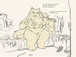  anthro armello bed breasts canine dialogue discarded_clothing duo female junyois korean_text larger_female magna_(armello) male mammal nude size_difference smaller_male smile text translation_request wolf yellow_eyes 