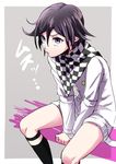  checkered checkered_scarf danganronpa from_above kiyomiya kneehighs looking_up male_focus new_danganronpa_v3 ouma_kokichi pout purple_eyes rectangle scarf short_shorts shorts simple_background sitting sock_garters solo straitjacket white_shorts 