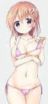  bikini bikini_pull blush breasts cleavage collarbone cowboy_shot gochuumon_wa_usagi_desu_ka? grey_background hair_ornament hairclip hoto_cocoa kurou_(quadruple_zero) large_breasts looking_at_viewer midriff navel orange_hair purple_eyes shiny shiny_hair short_hair simple_background smile solo stomach swimsuit tareme 