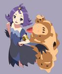  :3 :d acerola_(pokemon) armlet blush collarbone dress elite_four eyelashes flat_chest flipped_hair from_above gen_7_pokemon hair_ornament hands_on_hips highres legs_apart looking_at_viewer looking_up open_mouth palossand pokemon pokemon_(creature) pokemon_(game) pokemon_sm purple_background purple_eyes purple_hair sand sand_castle sand_sculpture short_dress short_hair short_sleeves shovel shuuto_(shu-toritu) simple_background smile standing stitches tareme tongue topknot torn_clothes torn_dress 
