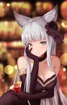  animal_ears bangs bare_shoulders black_dress black_gloves blunt_bangs blurry breasts cleavage cocktail_glass cup depth_of_field dress drink drinking_glass elbow_gloves erune flower gloves granblue_fantasy hair_flower hair_ornament hand_on_own_cheek highres indoors korwa large_breasts light_particles looking_at_viewer ramuda_(guilty931) silver_eyes silver_hair smile solo strapless strapless_dress 