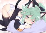  all_fours animal_ears ass black_legwear blue_eyes blush cat_ears cat_tail commentary_request detached_sleeves green_hair hair_between_eyes hair_ornament hair_ribbon hairclip kantai_collection long_hair panties pillow pillow_hug ribbon sailor_collar solo striped striped_panties tail thighhighs top-down_bottom-up underwear watanon_(gakushokutei) yamakaze_(kantai_collection) 