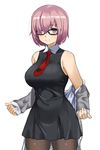  bare_shoulders black-framed_eyewear breasts brown_legwear cowboy_shot dress fate/grand_order fate_(series) fujitsubo_(hujitubo0731) glasses hair_over_one_eye highres jacket large_breasts mash_kyrielight necktie open_clothes open_jacket pantyhose pink_hair purple_eyes short_dress simple_background sleeveless sleeves_past_wrists smile solo white_background 