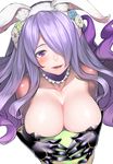  animal_ears bare_shoulders blush breasts bunny_ears camilla_(fire_emblem_if) cleavage detached_collar easter easter_egg egg fake_animal_ears fire_emblem fire_emblem_heroes fire_emblem_if from_above gauntlets h_kasei hair_over_one_eye hairband large_breasts long_hair purple_eyes purple_hair simple_background smile solo white_background 