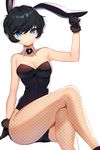  animal_ears arm_at_side bad_id bad_pixiv_id bangs bare_shoulders black_gloves black_hair black_legwear black_leotard blue_eyes breasts bunny_ears bunny_girl bunnysuit carchet cleavage closed_mouth collarbone cowboy_shot crossed_legs detached_collar eyebrows eyebrows_visible_through_hair eyelashes feet_out_of_frame fur_gloves fur_trim gloves hand_on_ear hand_up leotard looking_at_viewer medium_breasts original pantyhose print_legwear short_hair simple_background sitting smile solo strapless strapless_leotard unmoving_pattern wavy_hair white_background 