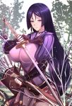  antiqq arm_guards arrow bangs bodysuit breasts covered_nipples fate/grand_order fate_(series) fingerless_gloves gloves highres holding holding_sword holding_weapon huge_breasts japanese_clothes katana long_hair minamoto_no_raikou_(fate/grand_order) outdoors parted_bangs purple_eyes purple_hair quiver scabbard sheath skin_tight solo sword very_long_hair weapon 