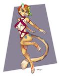  4_toes 5_fingers anthro breasts cat digitigrade ear_piercing feline female hair inktiger mammal multicolored_hair navel one_eye_closed piercing pink_nose ribbons smile solo toes 