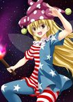  american_flag_dress american_flag_legwear blonde_hair clownpiece commentary dress fairy_wings fire hat highres jester_cap long_hair neck_ruff open_mouth pantyhose polka_dot rappa_(rappaya) red_eyes short_dress short_sleeves sky smile solo star star_(sky) star_print starry_sky striped striped_dress striped_legwear torch touhou very_long_hair wings 