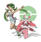  :d arm_up armpits bangs bare_arms bare_shoulders breasts bug clenched_hand collarbone dark_skin flower full_body gen_7_pokemon green_footwear hair_flower hair_ornament headband highres horizontal_stripes leg_up long_hair looking_at_viewer looking_away looking_to_the_side lurantis mao_(pokemon) official_style open_mouth orchid_mantis outstretched_arm overalls parted_bangs pink_shirt poke_ball pokemon pokemon_(creature) pokemon_(game) pokemon_sm pouch praying_mantis running shadow shirt shoes small_breasts smile strapless striped suspenders tareme teeth teru_zeta tongue trial_captain twintails 