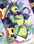  areola_slip areolae blue_hair breasts bruise chain chained collarbone crying forehead_jewel gem giantess giga_mermaid green_skin hair_ornament head_fins highres injury large_breasts lock long_hair materclaws mermaid monster_girl navel open_mouth partially_submerged red_eyes restrained saliva saliva_trail scales shantae:_half-genie_hero shantae_(series) shell shell_bikini solo stomach tears two-tone_skin water 