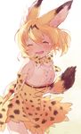  animal_ears arms_behind_back blonde_hair bow bowtie closed_eyes commentary_request cowboy_shot cross-laced_clothes crying elbow_gloves gloves hideko_(l33l3b) high-waist_skirt highres kemono_friends serval_(kemono_friends) serval_ears serval_print serval_tail shirt short_hair skirt sleeveless sleeveless_shirt solo spoilers standing striped_tail tail tears wind wind_lift 