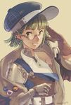  badge button_badge cyborg glasses gloves green_eyes green_hair grin hat looking_at_viewer looking_to_the_side moryo original salute short_hair signature sketch smile solo 