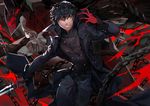  amamiya_ren arm_up arsene_(persona_5) black_hair chain chromatic_aberration coat copyright_name cowboy_shot deviantart_username gloves grin holding holding_knife holding_weapon knife long_coat long_sleeves looking_at_viewer male_focus open_clothes open_coat outstretched_arm pants persona persona_5 pixiv_username red_gloves shei99 short_hair smile smirk watermark weapon yellow_eyes 