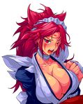  baiken blush breasts choker cleavage collarbone commentary_request cosplay embarrassed facial_mark frilled_choker frills guilty_gear hair_ornament highres iroha_(samurai_spirits) iroha_(samurai_spirits)_(cosplay) japanese_clothes juliet_sleeves large_breasts long_hair long_sleeves looking_at_viewer maid maid_headdress messy_hair one-eyed open_mouth ponytail puffy_sleeves red_eyes red_hair samurai_spirits scar scar_across_eye sidelocks solo sweat transparent_background upper_body yoshitsuki 